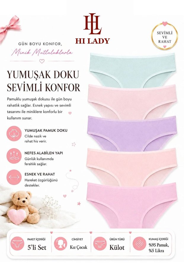 Pack of 5 Girls' Cotton Soft Color Children's Panties