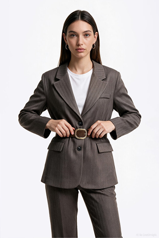 Belted Waist Double-Breasted Blazer Jacket Brown