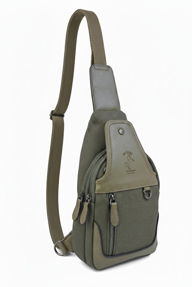 Khaki Canvas Shoulder Bag - Crossbody Bag with Magnetic Compartment and Strap