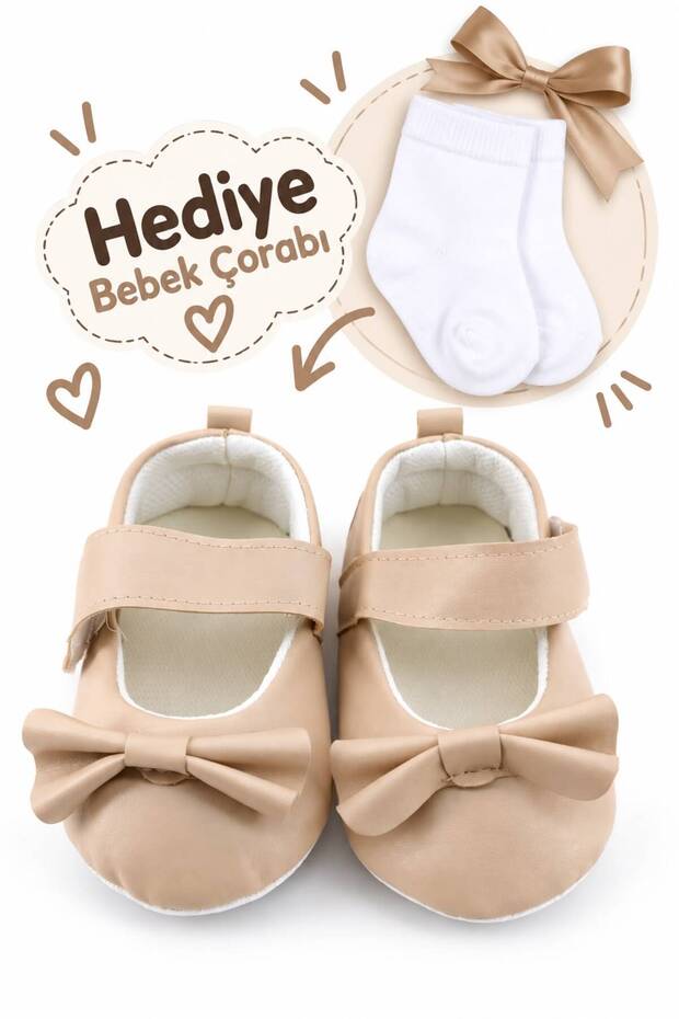 Baby First Step Shoes Fabric Orthopedic Non-Slip Bottom Sole with Bow and Velcro Tape Zest Model