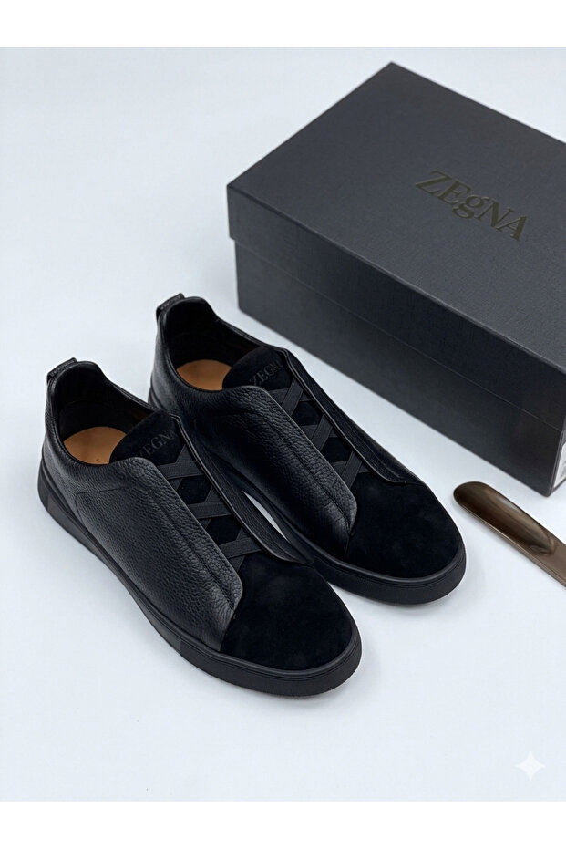 Zegna Men's Triple stitch Full Black Sneakers