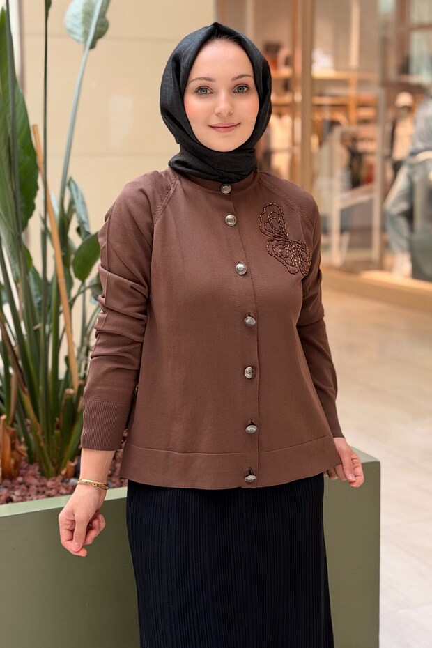 Floral Bead Embroidered Mercerized Cardigan