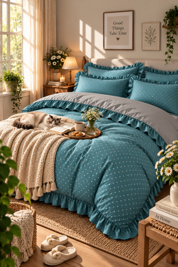 Green Ruffle Detailed Polka Dot Duvet Cover Set Soft Textured Cotton Double Size (Without Sheet)