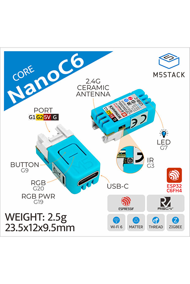 M5Stack Official NanoC6 Development Board ESP32-C6FH4 Dev Kit Support 2.4Ghz Wi-Fi 6 and Zigbee for