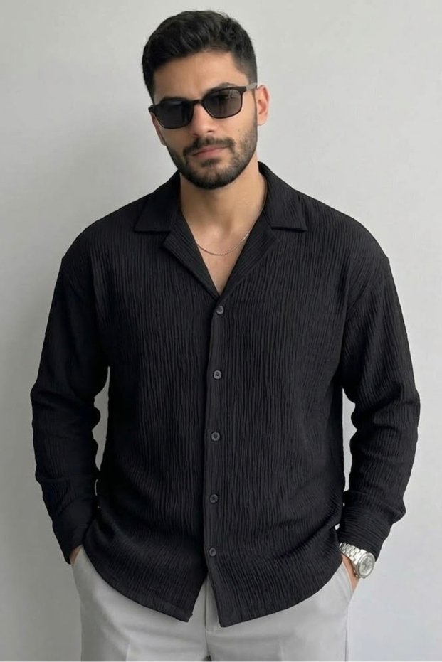 No-Iron Oversize Flexible Wrinkle Fabric Shirt Black