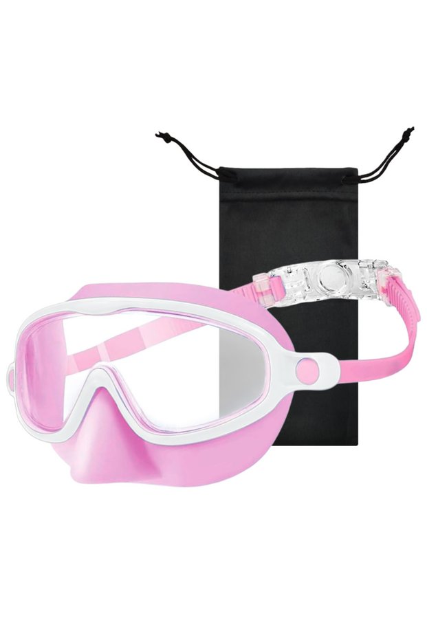 Pink-white clear Nose Cover Silicone Swim Goggles Wide View Diving Glasses Anti-Fog UV400 No Leak Po
