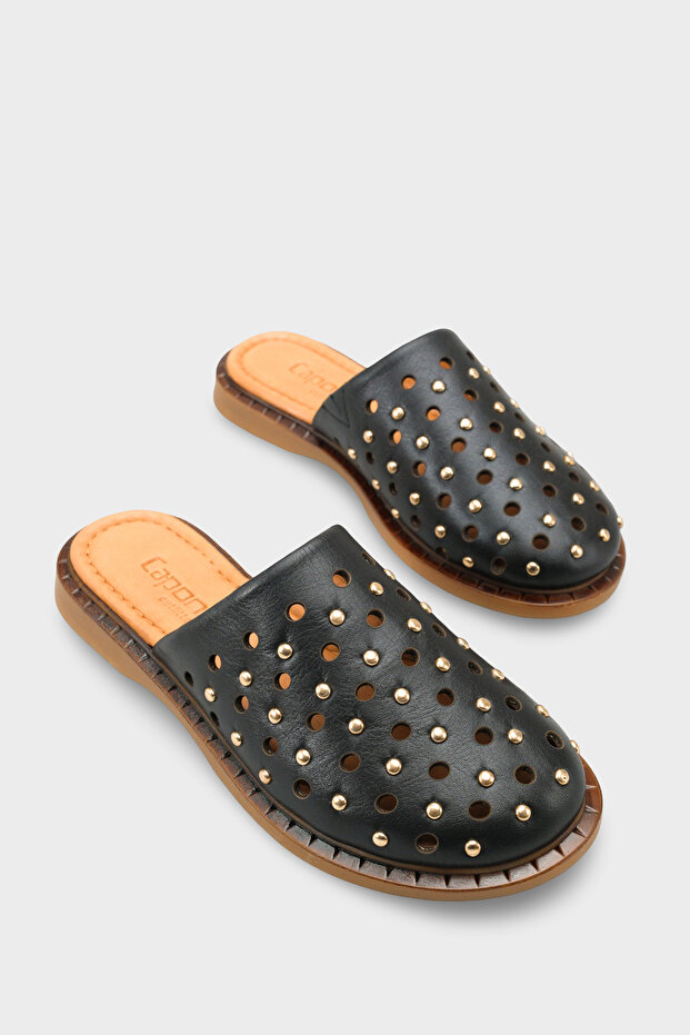 Lidia Genuine Leather Flat Heeled Studded Women's Sabo Slipper