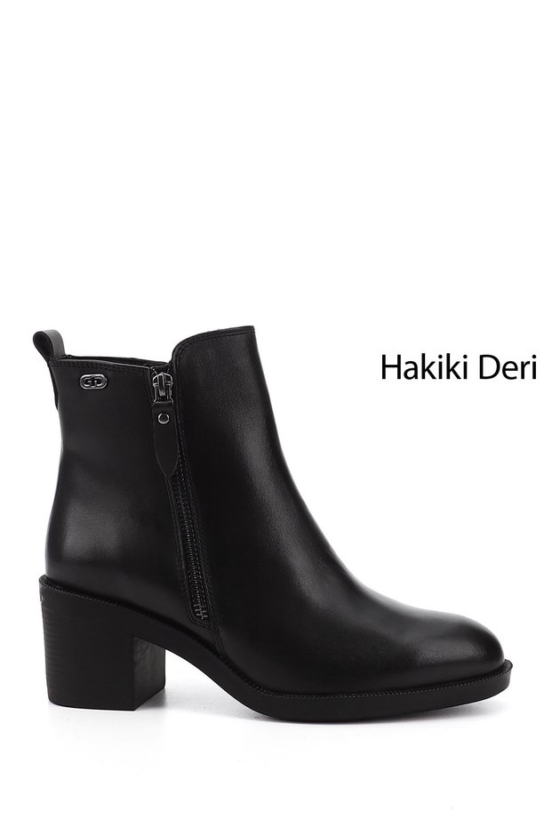 Women's Black Zippered Thick Heeled Genuine Leather Boots