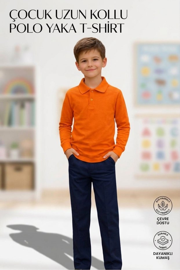 Unisex Girls Boys Polo Collar Cotton Long Sleeve Orange-Orange-Orange Daily Basic School T-Shirt