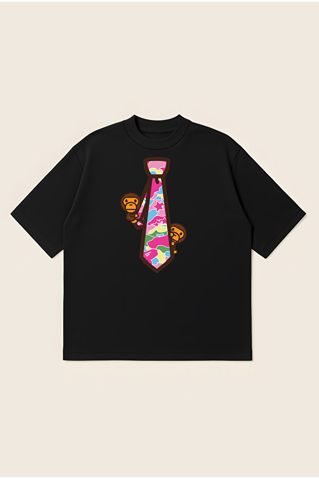 Bape Tie Printed Oversize Boxy Cut Unisex 100% Cotton Tshirt | Streetwear