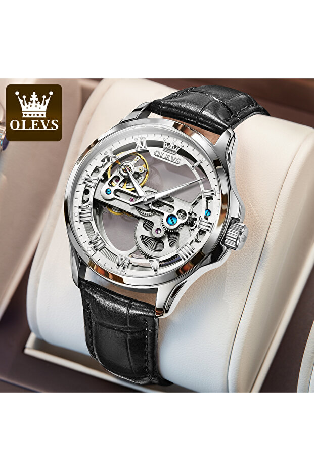 Silver White-HPBB OLEVS 6661 Fully Hollow Automatic Man Watch Fashion Leather Strap Waterproof Lumin