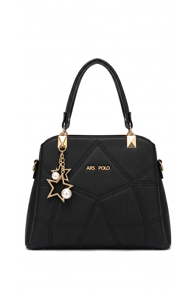 Women's Black Multi-Compartment Hand and Shoulder Bag with Charm Detail and Adjustable Strap