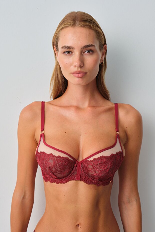 Monaco Burgundy Embroidered Tulle Detailed Transparent Bra - Underwire Balconette