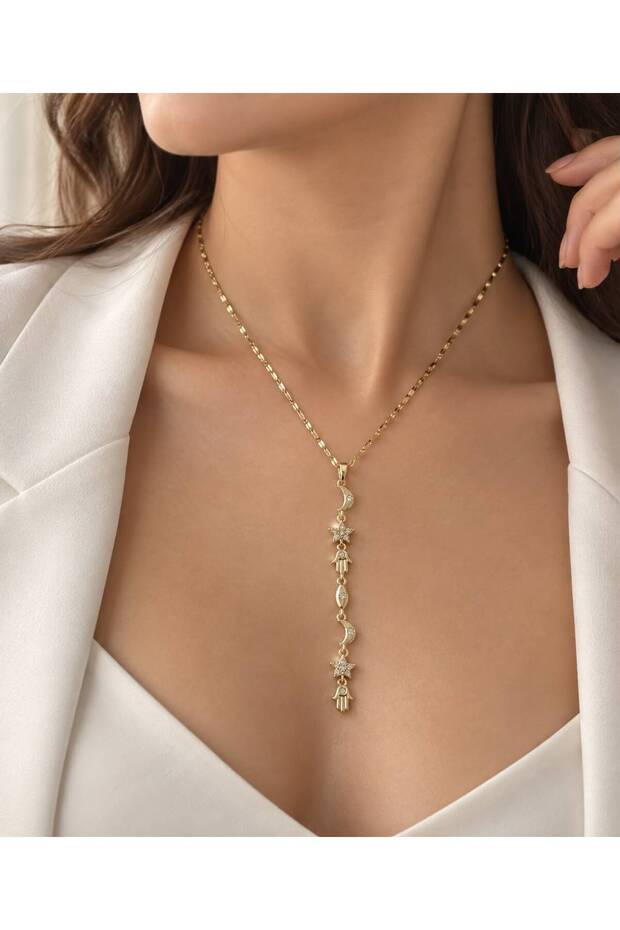 Manifestation Necklace Y Necklace with Stones and Figures 316L Stainless Gold “Anti-Allergic” Stylish Elegant