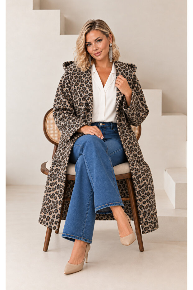 Women's Plus Size Long Hooded Turn-Down Collar Distressed Cashmere Coat 25056