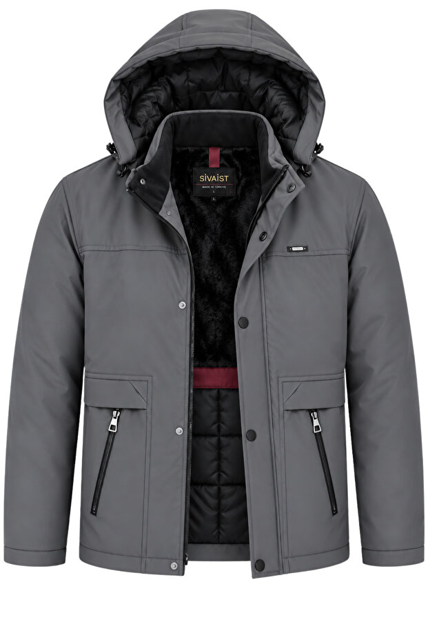 Men's Gray 100% Water and Windproof Sheepskin Detachable Hooded Coat & Jacket