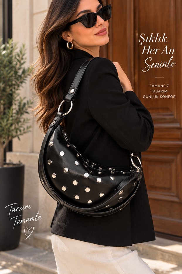 Women's Hand and Shoulder Bag | Studded Stylish Design | Daily Use | Black - White - Bitter Coffee