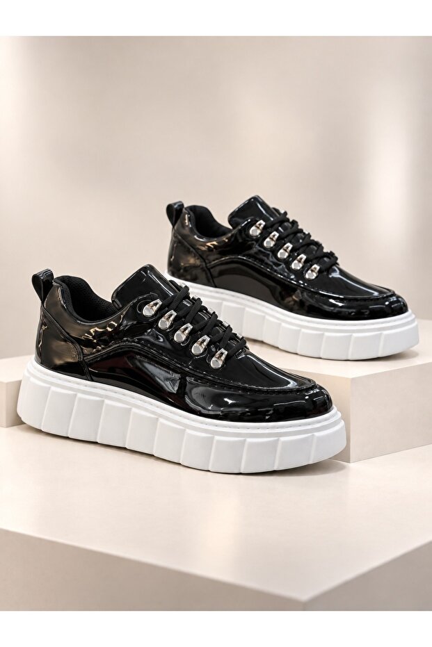 Kb-X10 Kuback Black Patent Leather White High Sole Casual Sports Shoes
