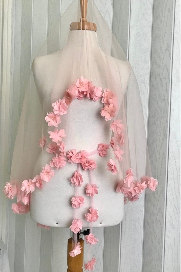 Powder Pink Veil Chiffon Flowered Powder Henna Veil 100 Cm Colorful Veil