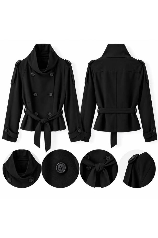High Collar Buttoned Waist-Tied Black Trench Jacket