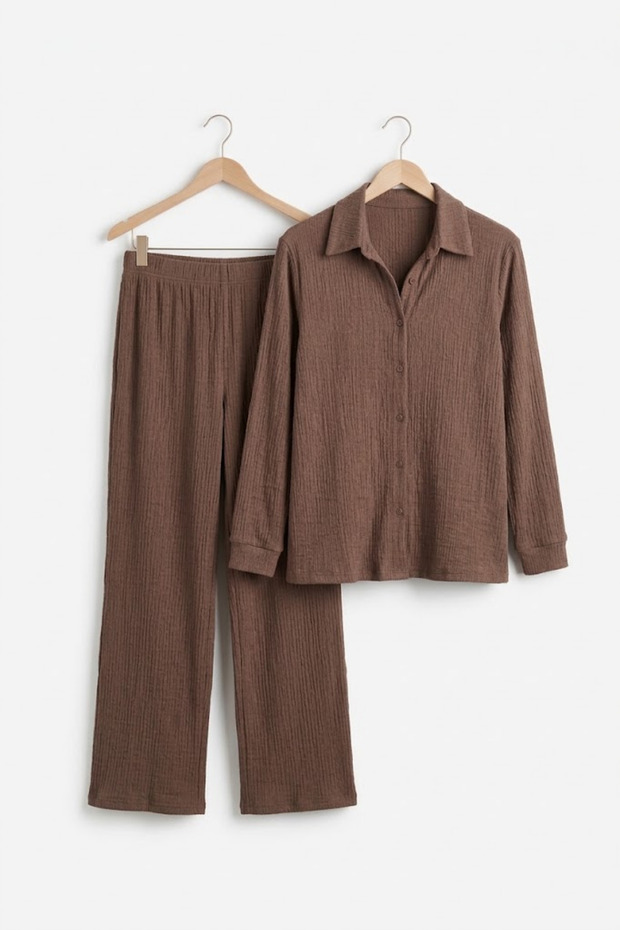 Crinkle Fabric Shirt Collar Buttoned Top and Bottom Set Suitable for Modest Wear 2XL 6XL