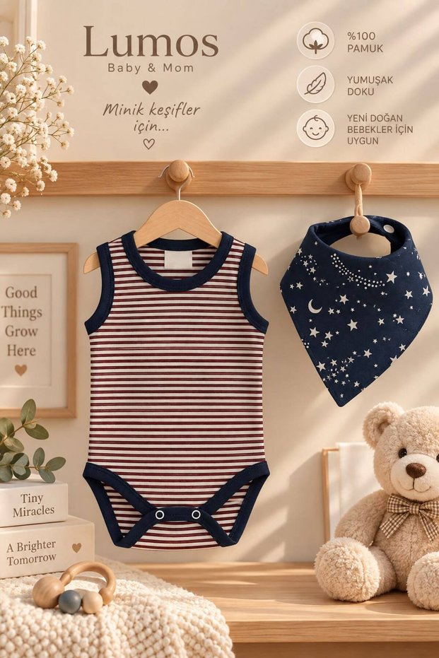 Newborn Baby Boy Snap-On Bodysuit and Muslin Scarf Food Drooling Bib Set of 2 0-3 Months
