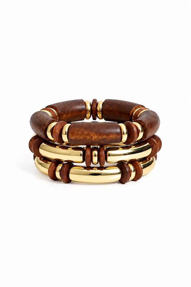 3-Piece Wooden Gold Detailed Bracelet Set