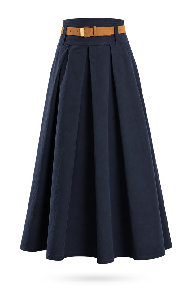 Navy Blue Belted Flared Skirt 0043