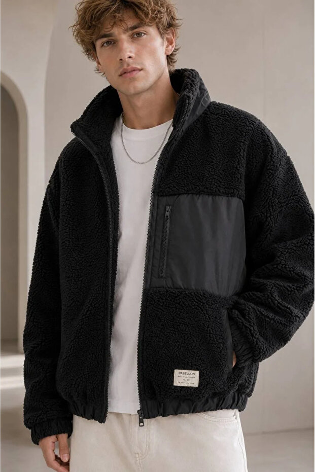 Men's Lined Black Plush Coat Mz86060