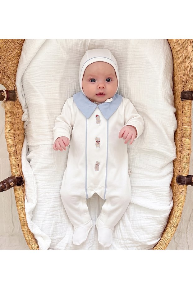 Teddy Bear Embroidered Baby Collar Boy Baby Jumpsuit and Hat (with Gloves)
