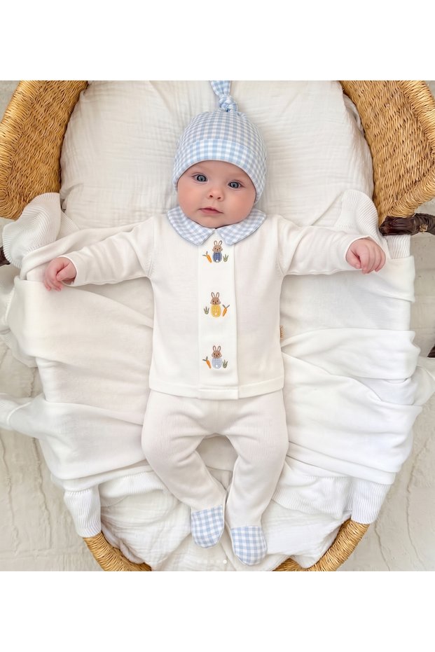 Rabbit Embroidered Newborn 0-3 Months Baby Boy Plaid Pattern 5-Piece Hospital Discharge Set