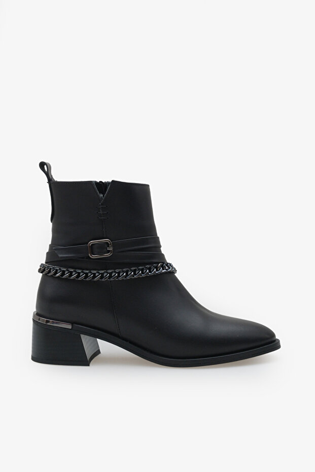 Puise women's genuine leather short boots with chain detail - black