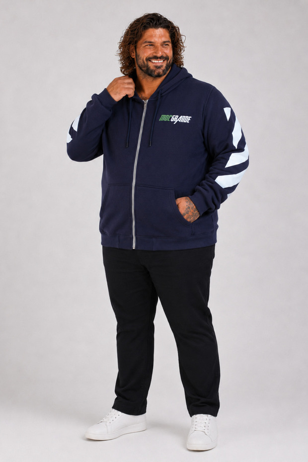Large Size Hooded Zippered 3Ip Sweat Mg 25718 Navy Blue
