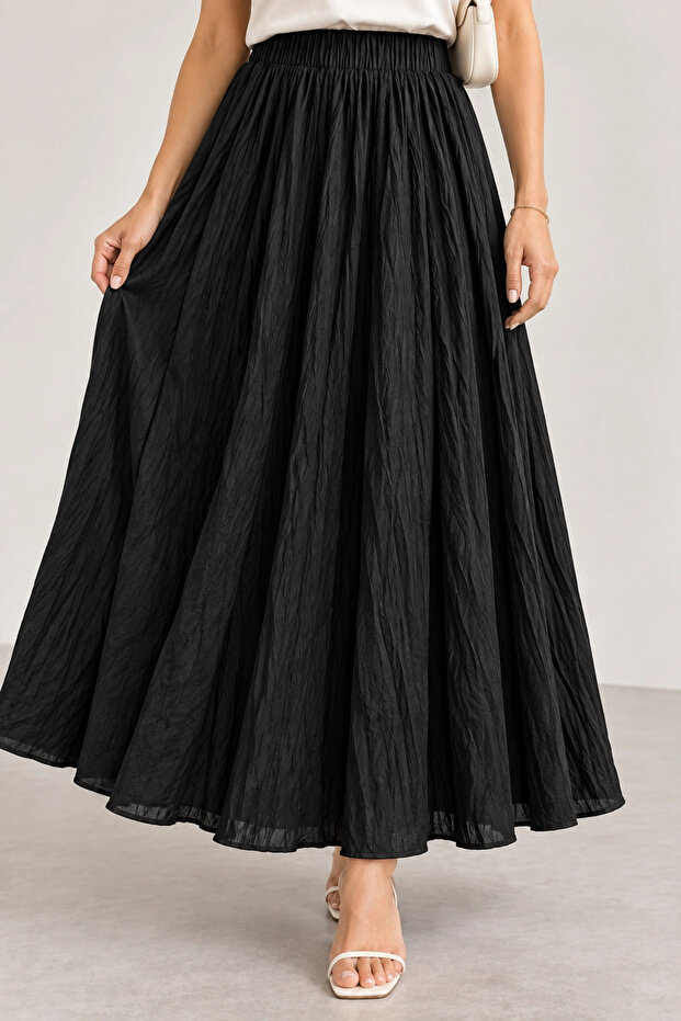 Women's Black Gathered Crinkle Linen Textured Bohemian Pinterest Long Skirt