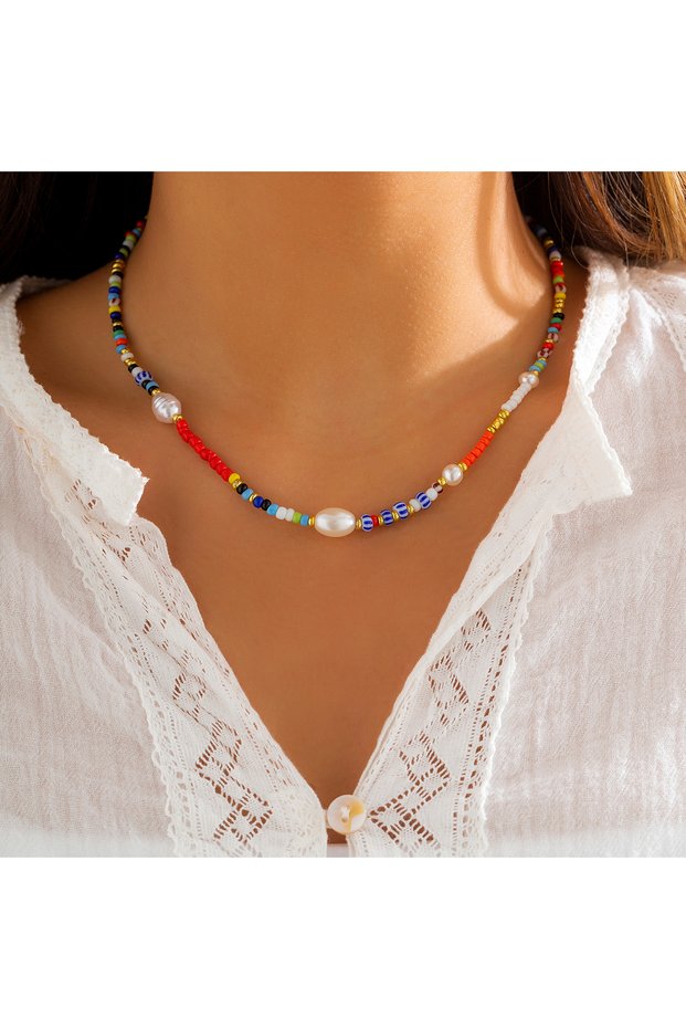 Colorful New Korean Fashion Colorful Cute Seed Beads Chain Choker Necklace For Women Baroque Simulat