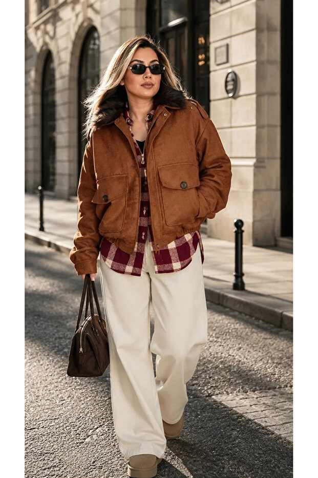 Women's Suede Oversize Bomber Jacket with Pockets and Detachable Fur Collar