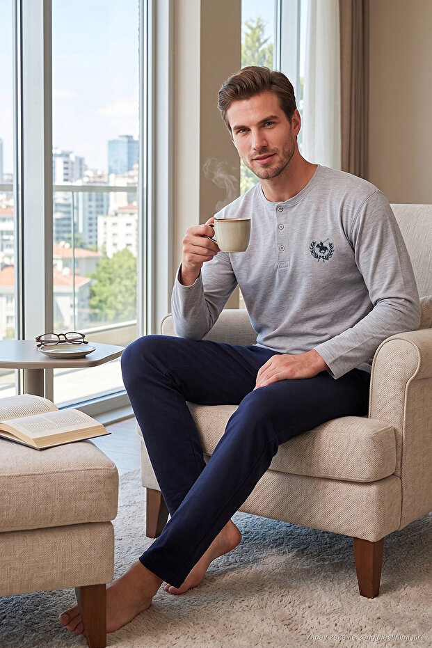 Soft Textured Buttoned Crew Neck Pajama Set Men's Pajama Set 6575011