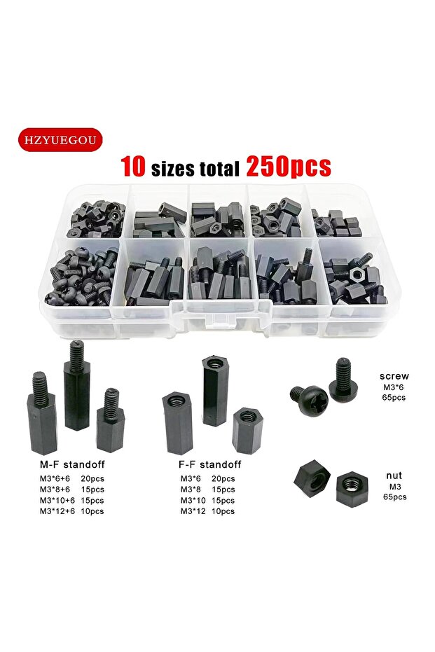 black M3 250pcs 250pcs/box M3 Black Plastic Nylon Insulated Hex Standoff Hexagon Pillar Spacer Colum