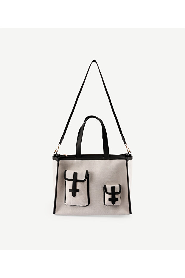 Leather Garnished Canvas Shoulder Bag with Pocket Detail
