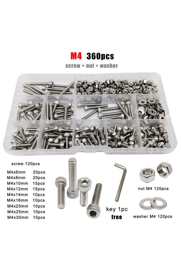M4 360pcs 1 Box M1.6 M2 M2.5 M3 M4 M5 M6 M8 DIN912 304 A2 Stainless Steel Hex Hexagon Socket Allen C