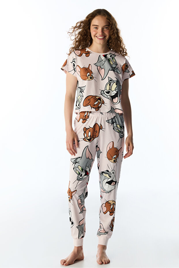 Lila Tom&Jerry Cat Patterned Pants Short Sleeve Pajama Set