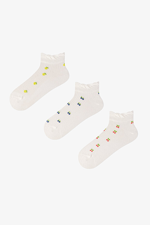 3 Pairs of Nose Stitch-Free Cotton Fruit Patterned Ruffle Booties Socks