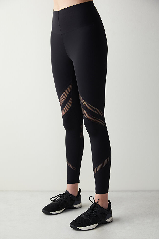 Black High-Waist Sheer Tulle Panel Ankle-Length