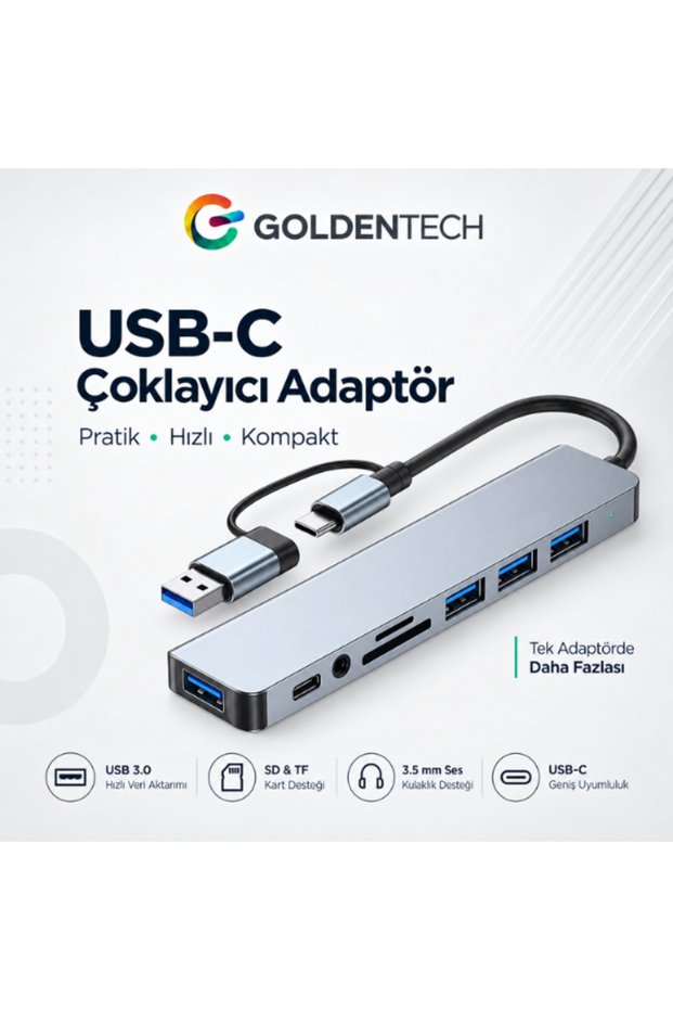 8 in 2 Port Hub USB 2.0/3.0 Replicator Multiplexer Type C Audio 3.5 Tf Sd