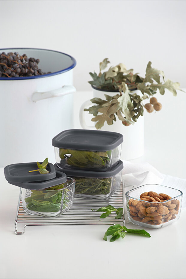 Cube Glass Storage Container Set of 2 Small Size 270 ml Square Gray Plastic with Lid (Breakfast)