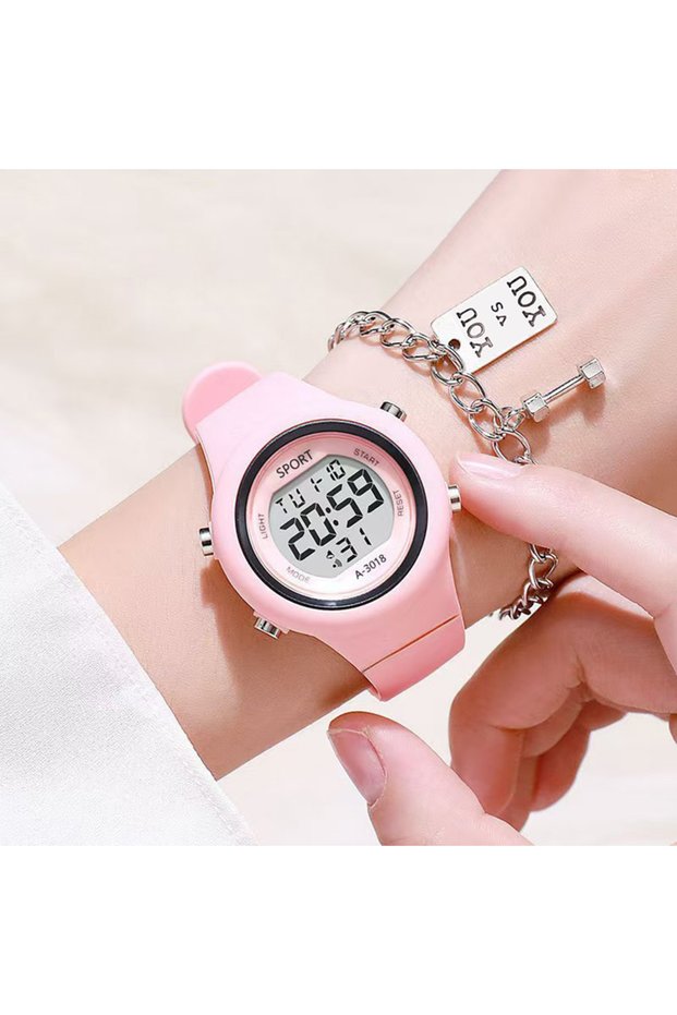 Pink LED Digital Kids Sports Watch Set Luminous Waterproof Alarm Clock Boys and Girls Student Electr