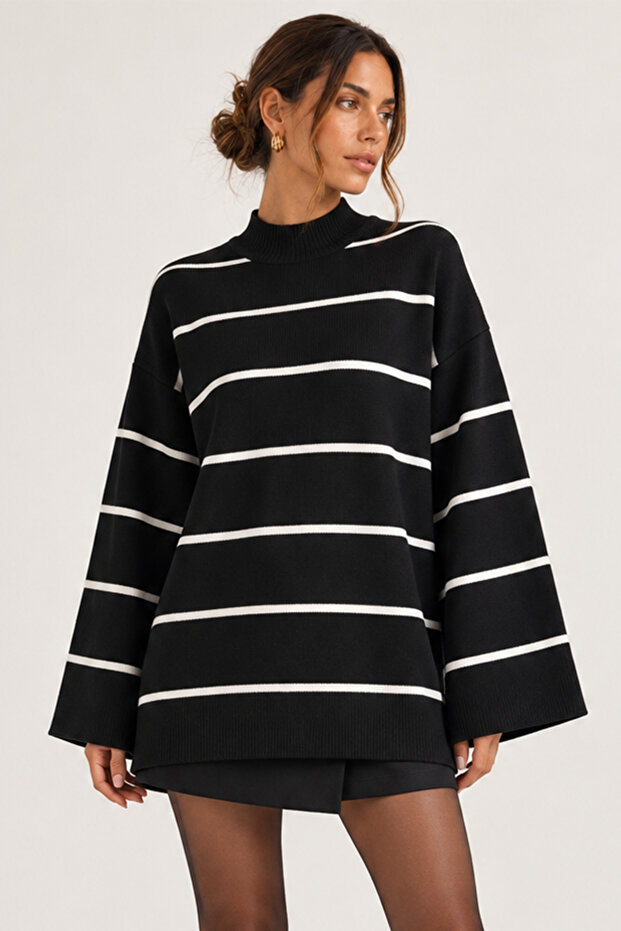 Black Oversize Striped Half Fisherman Women's Knitwear Tunic Sweater