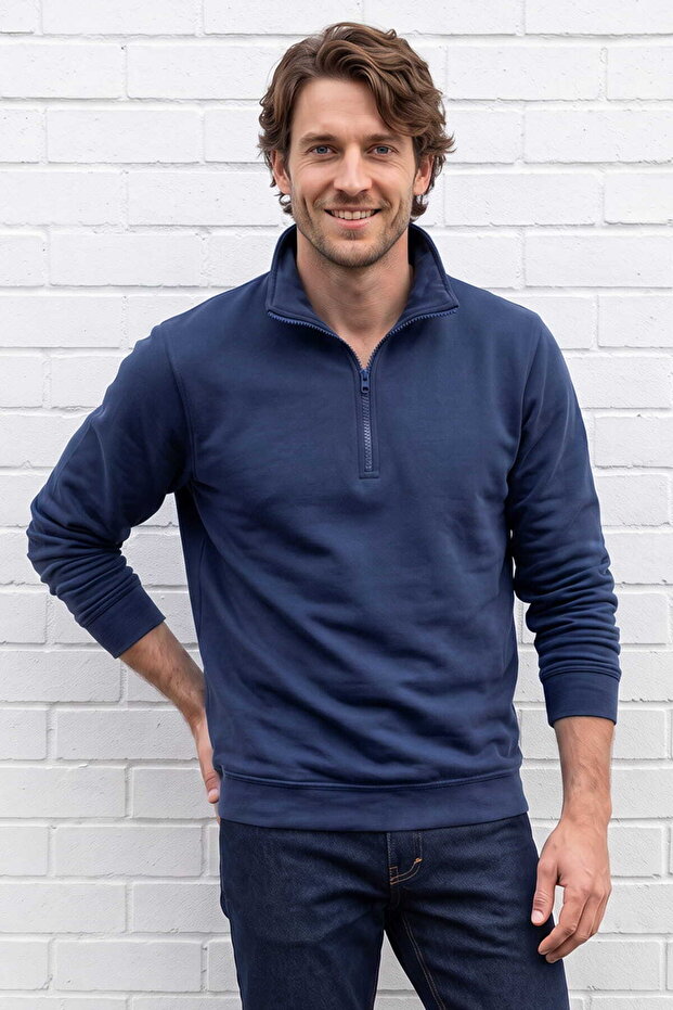 Men's Navy Blue Zippered Polo Neck Sweatshirt Comfortable Fit Soft Casual