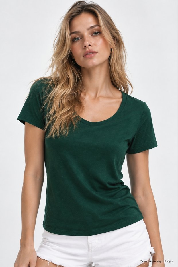 Women's Dark Green Cotton Crew Neck Short Sleeve T-Shirt