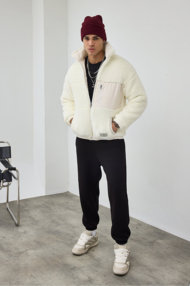 Men's Lined Ecru Plush Coat Mz86060